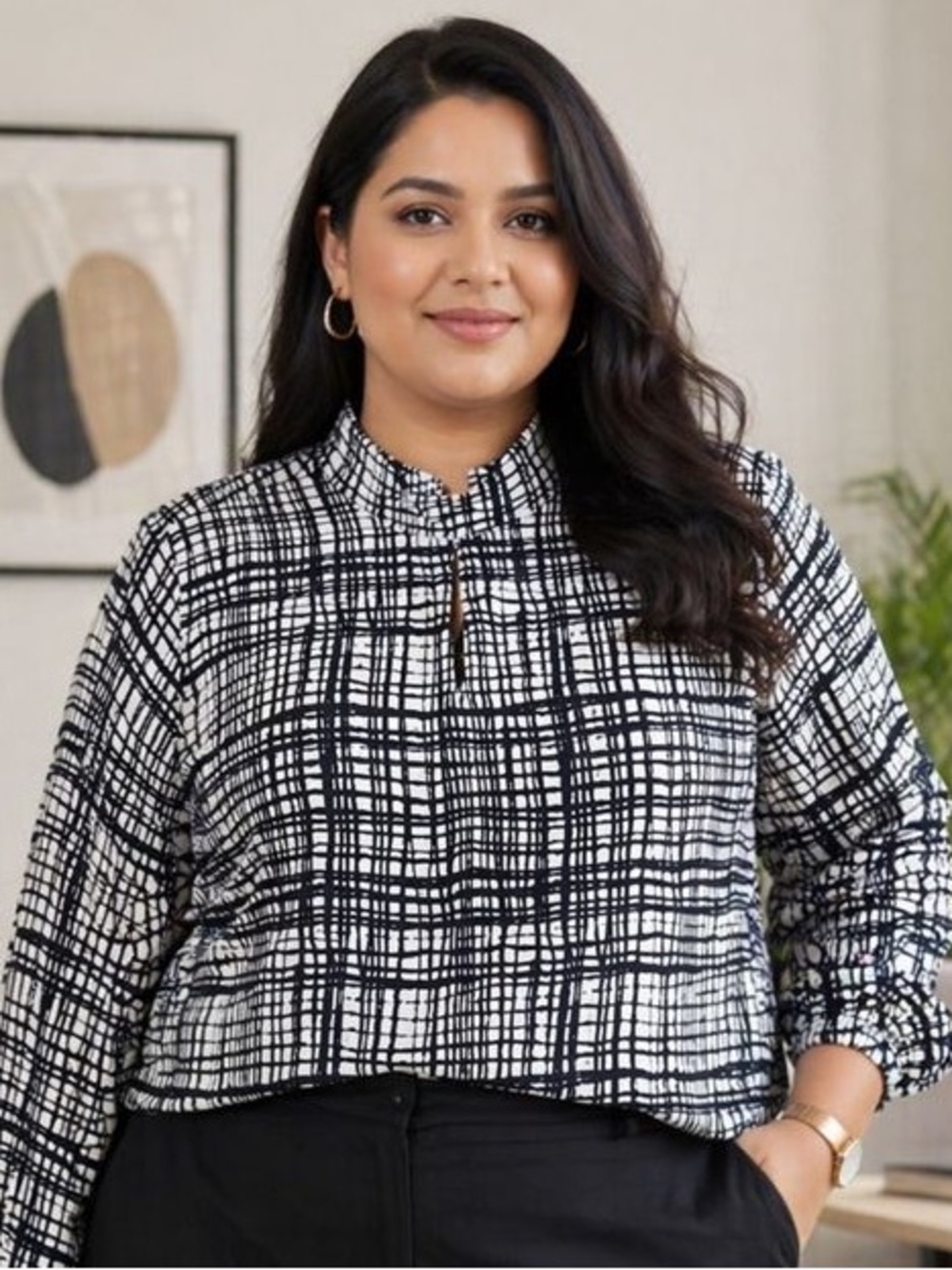 Navy White Grid Print Blouse Size L Long Sleeve Work Career Top Van Heusen NWOT